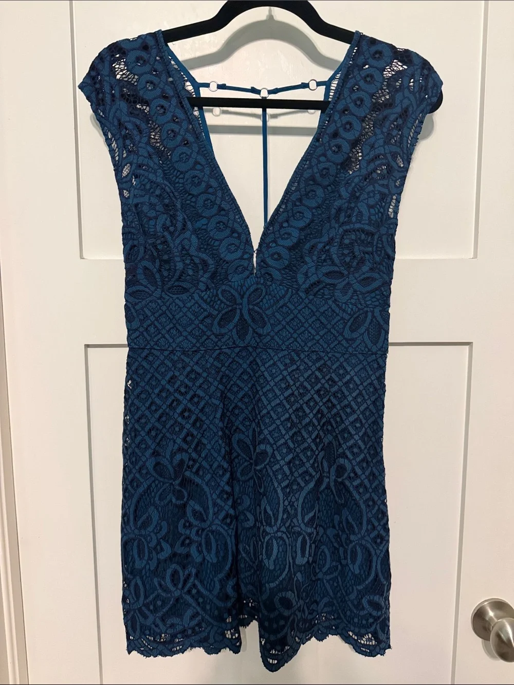 Free People One Million Lovers Teal Navy Crochet Lace V-Neck Mini Dress Size 4